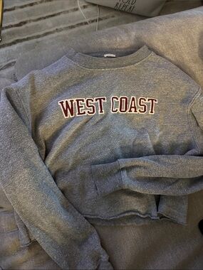 Brandy Melville Gray 'West Coast' Crop Sweatshirt with Maroon Lettering